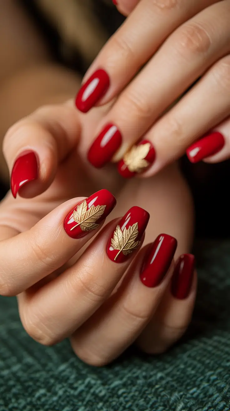 Fall Nails with 3D Effects 2025 Golden Leaf Accents