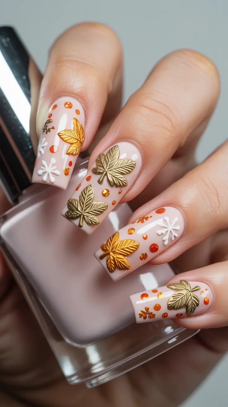 Fall Nails with 3D Effects 2025 Golden Leaf Embellishments