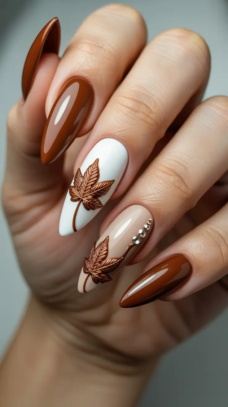 Fall Nails with 3D Effects 2025 Caramel Elegance with Leaf Relief