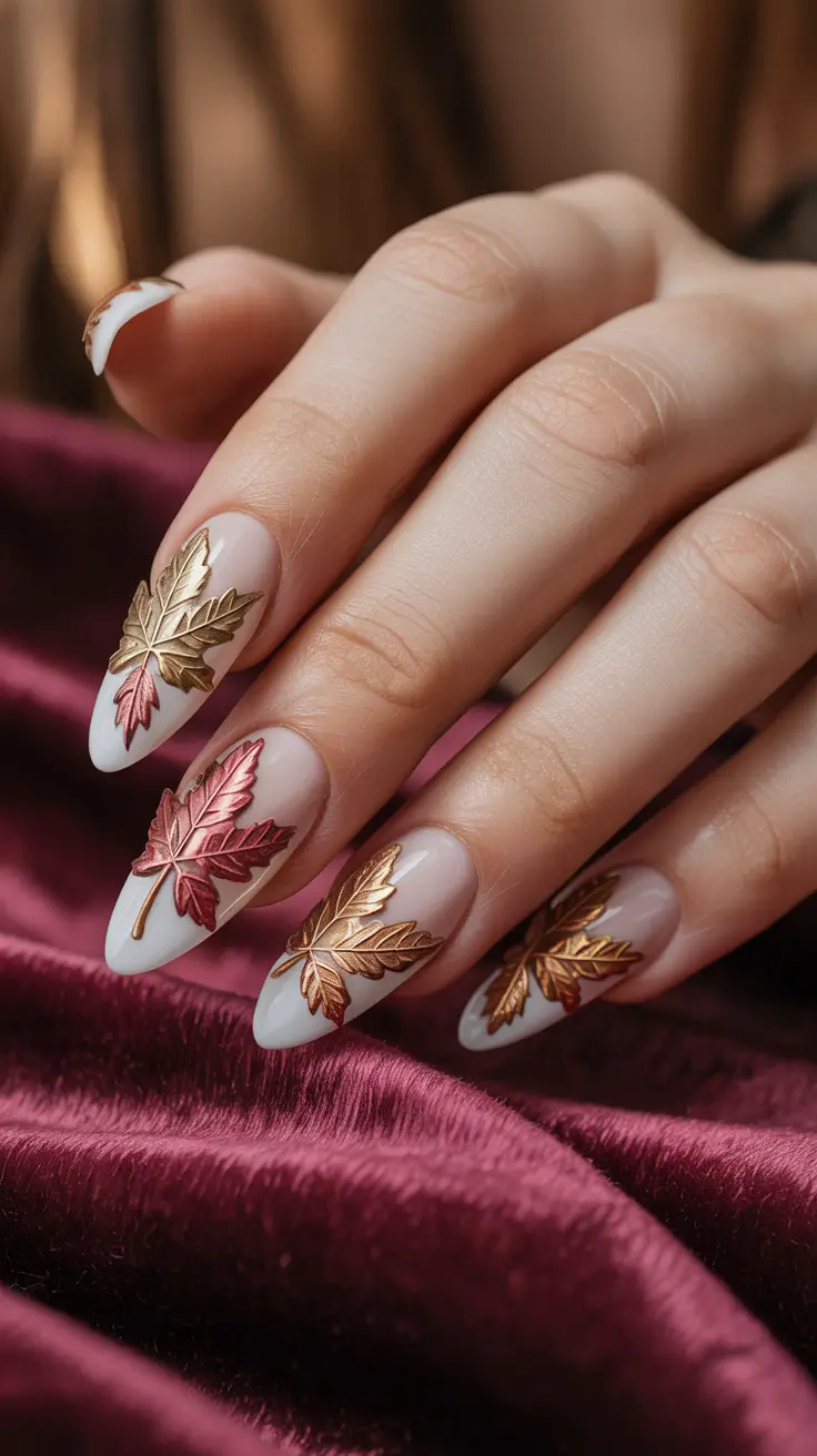 Fall Nails with 3D Effects 2025 Metallic Maple Luxury