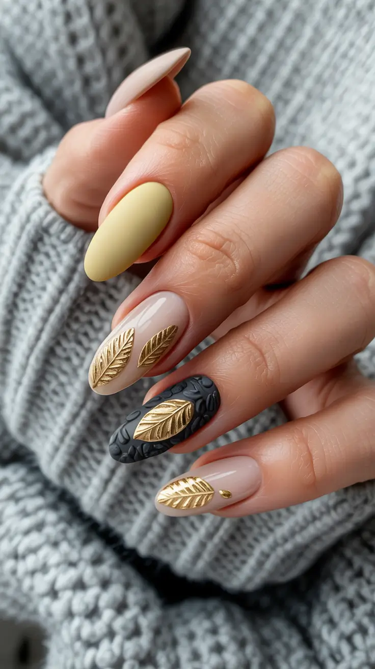 Fall Nails with 3D Effects 2025 Golden Minimalism with Texture