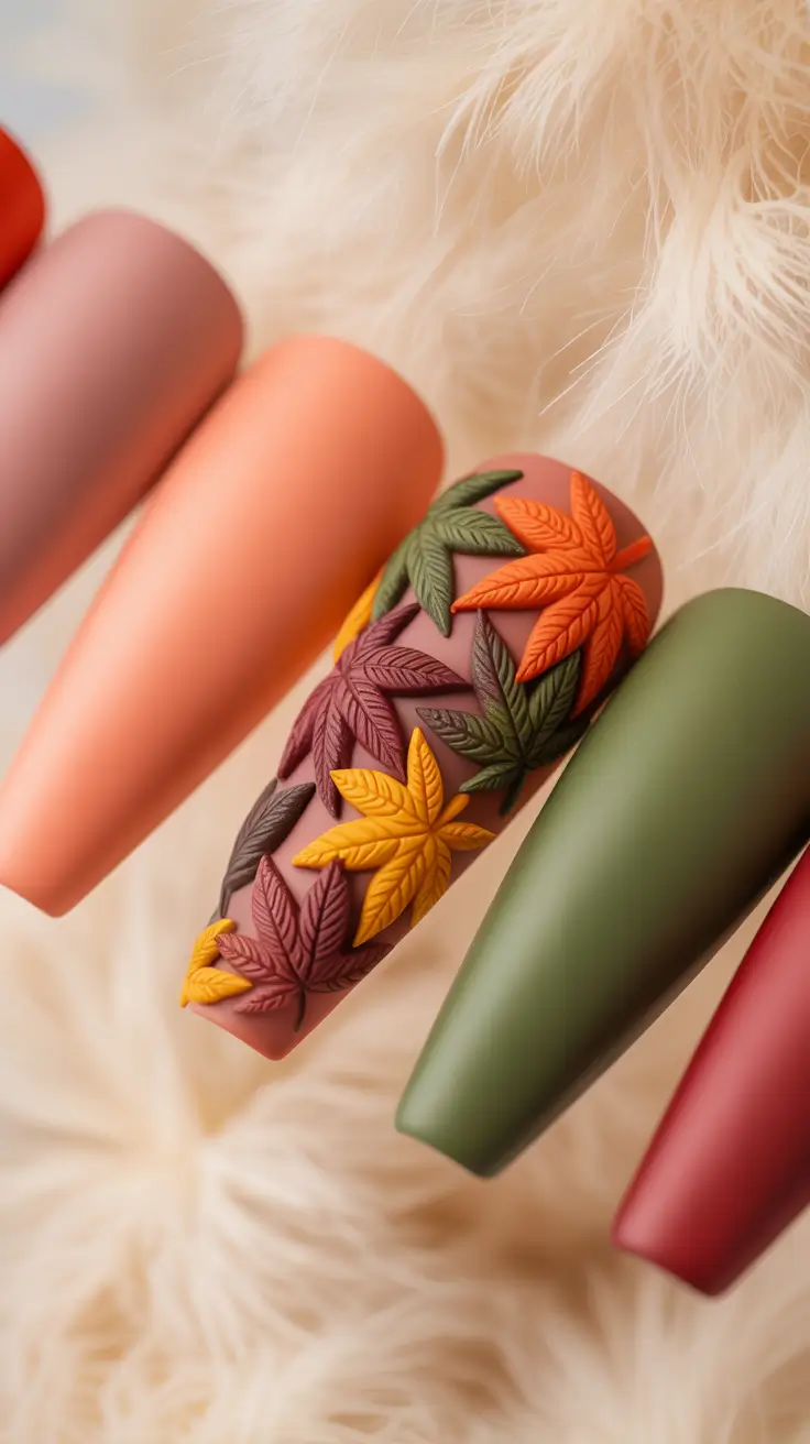 Fall Nails with 3D Effects 2025 Bold Multicolor Foliage