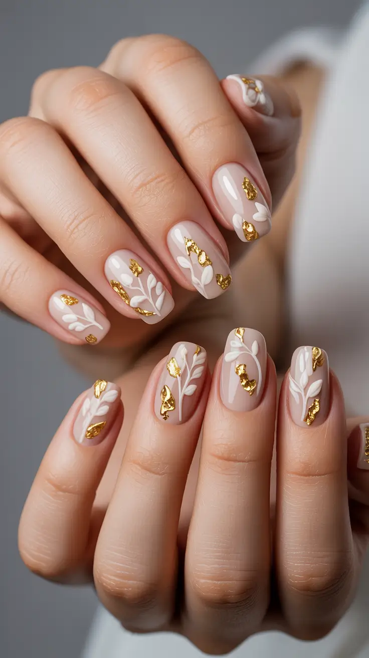Fall Nails with 3D Effects 2025 Soft Neutrals with Gold Foil