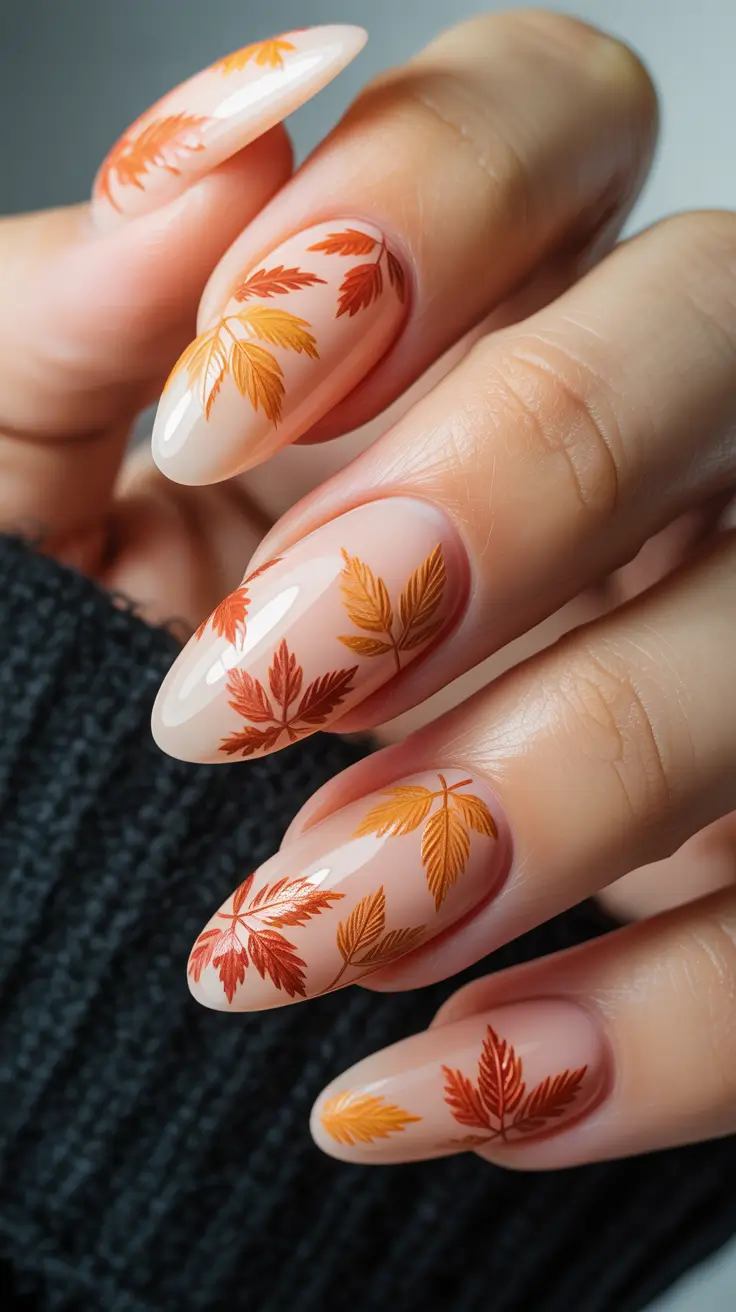 Fall Nails with 3D Effects 2025 Amber Leaf Elegance