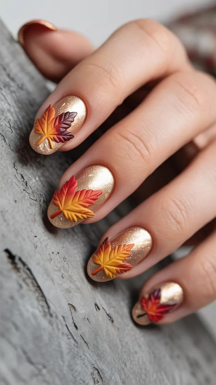 Fall Nails with 3D Effects 2025 Bold Metallic Leaves
