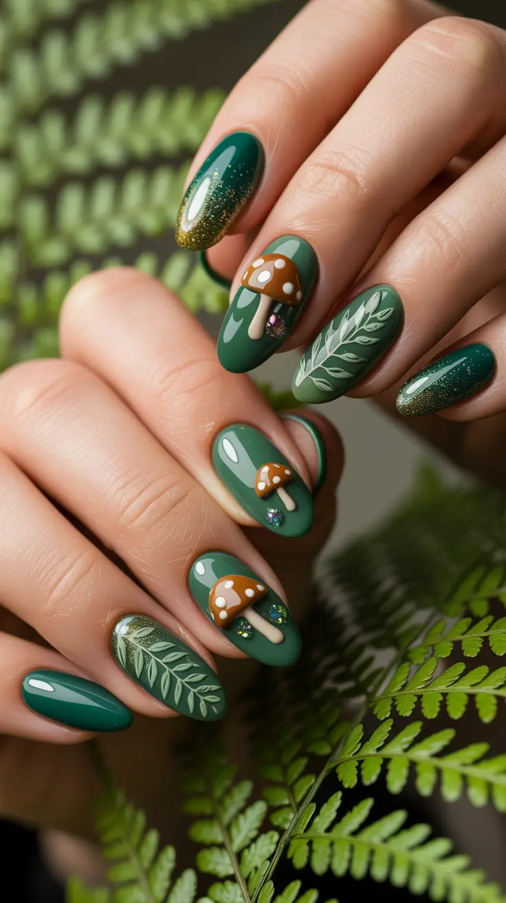 Fall Nails with 3D Effects 2025 Enchanted Forest Greens