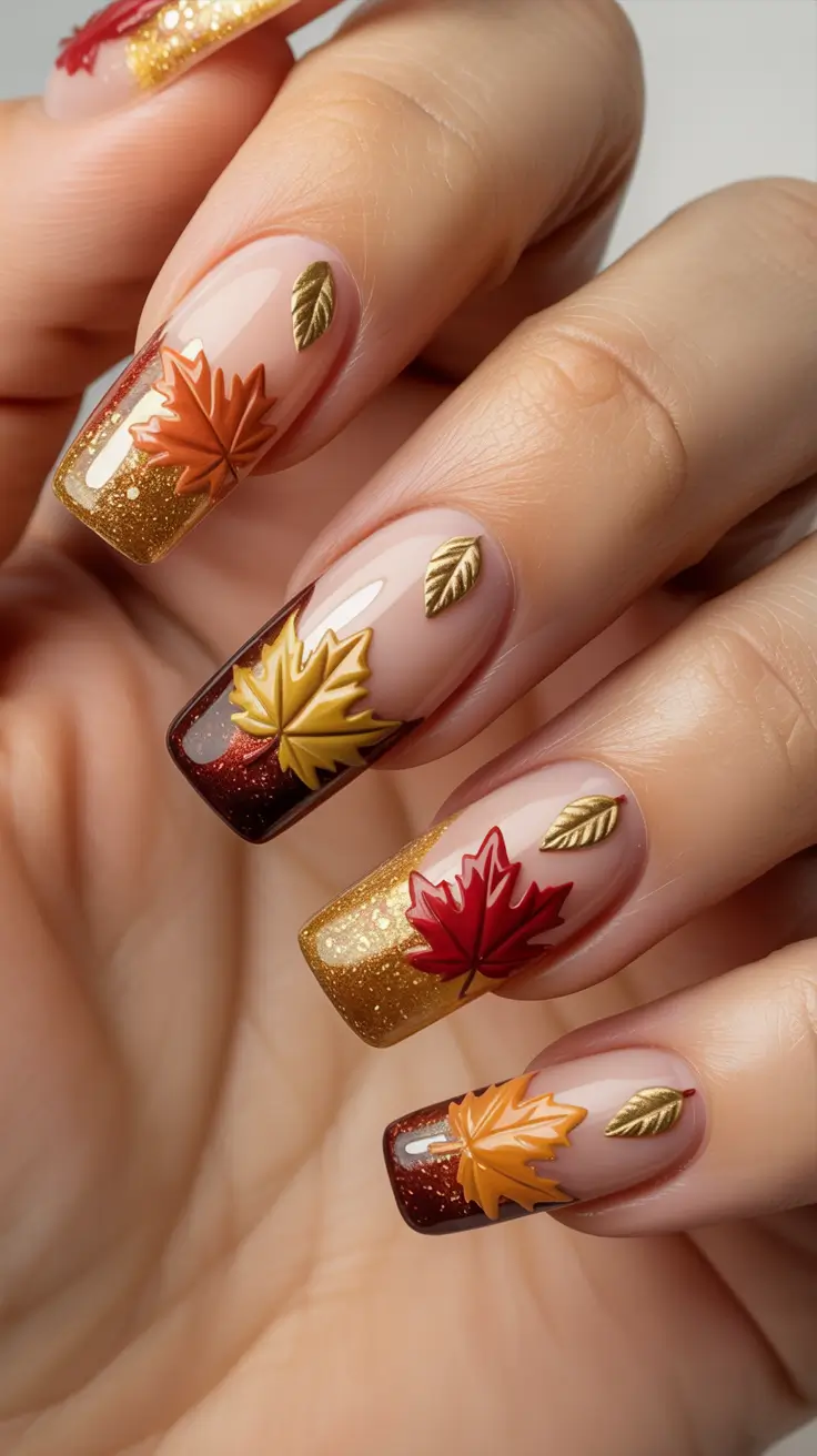 Fall Nails with 3D Effects 2025 Glittering Autumn French