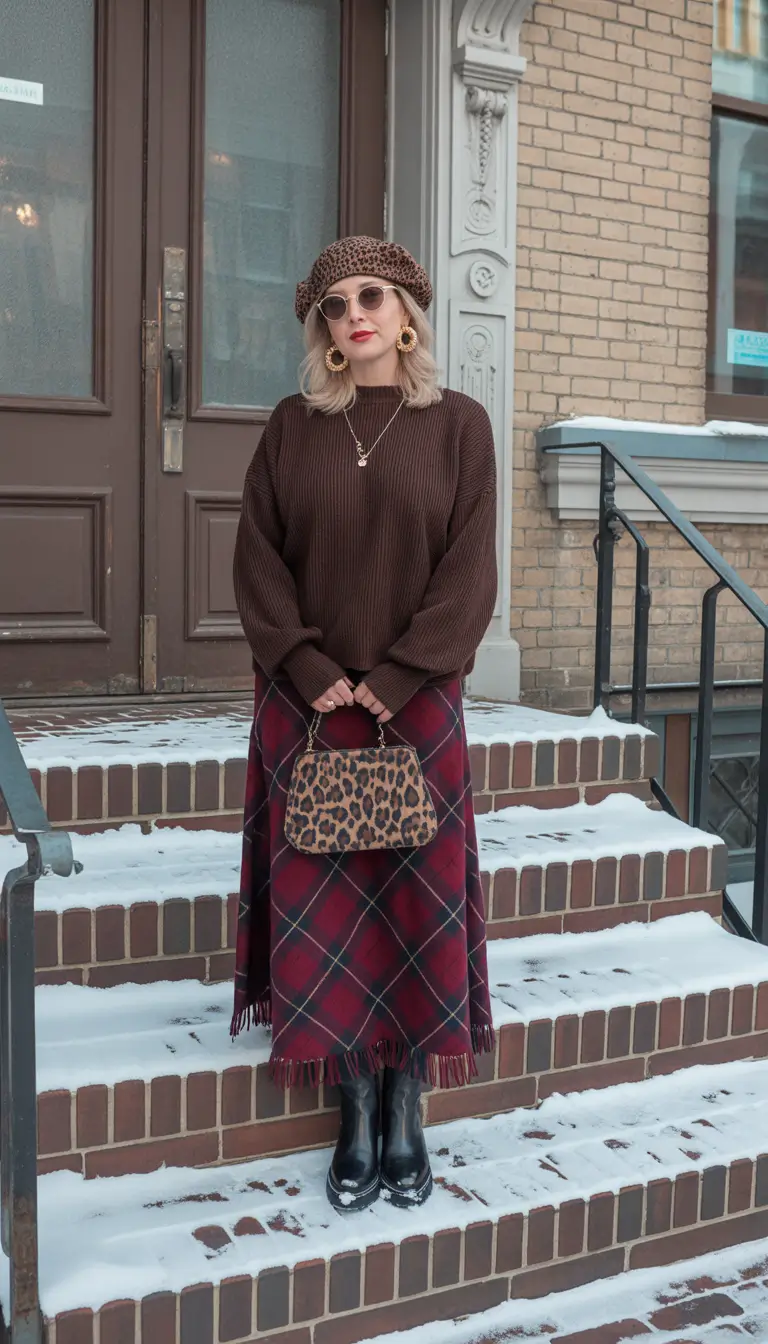 fall winter outfits 2025 Cozy Plaids and Leopard Confidence