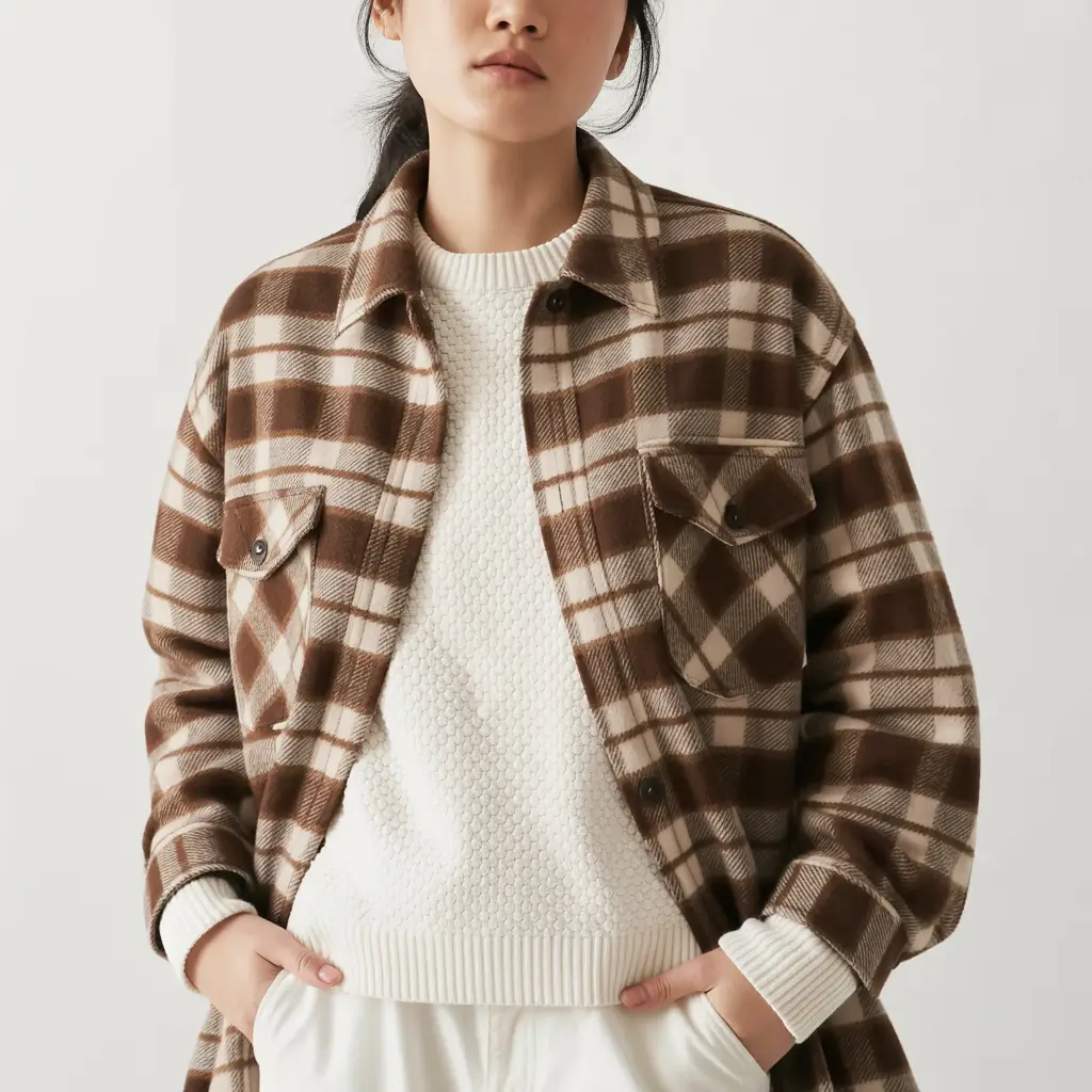 fall winter outfits 2025 Plaid Shacket and Cream Knit Ease