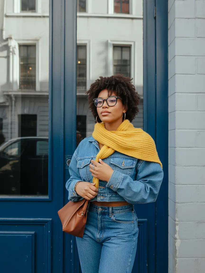 fall winter outfits 2025 Denim-on-Denim with a Sunshine Twist