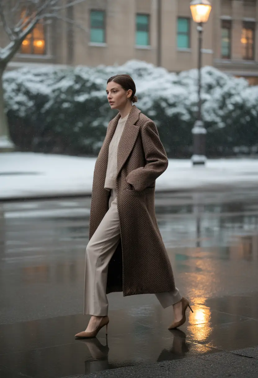 fall winter outfits 2025 Rainy Day Sophistication in Taupe