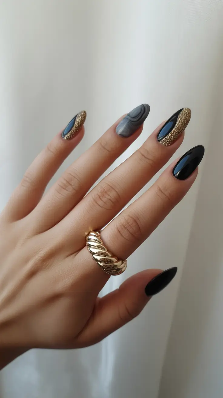 Fall Winter Nail Colors 2025-2026 Obsidian Glam with Marble Accents