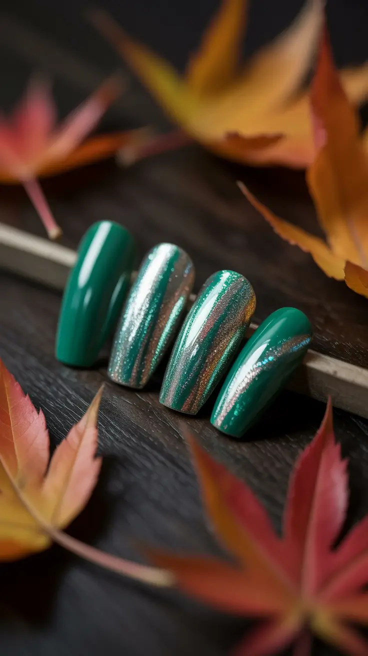 Fall Winter Nail Colors 2025-2026 Emerald and Chrome Pinstripe