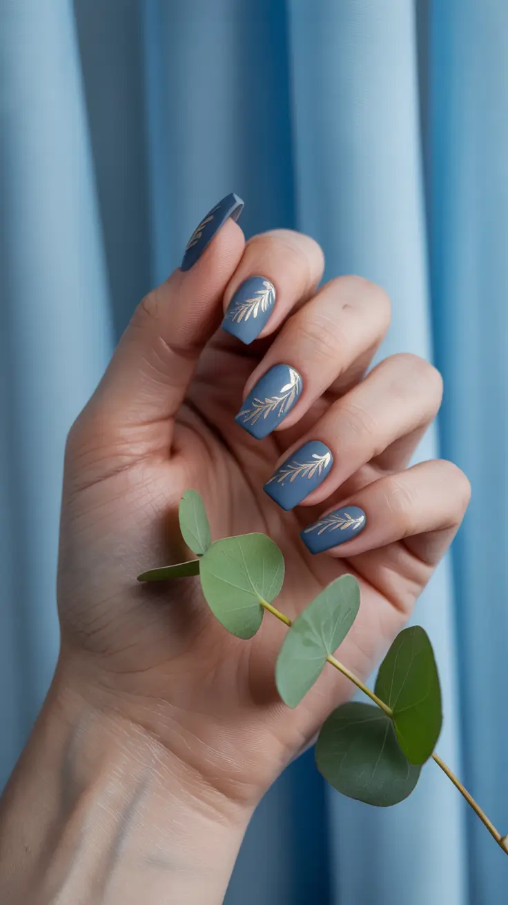 Fall Winter Nail Colors 2025-2026 Frosted Blue with Gold Leaf