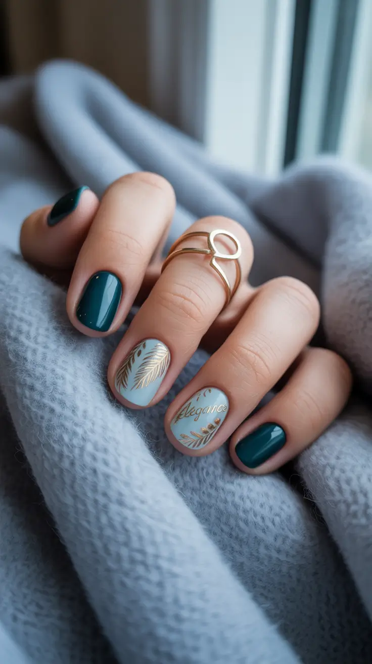 Fall Winter Nail Colors 2025-2026 Midnight Teal and Scripted Accents
