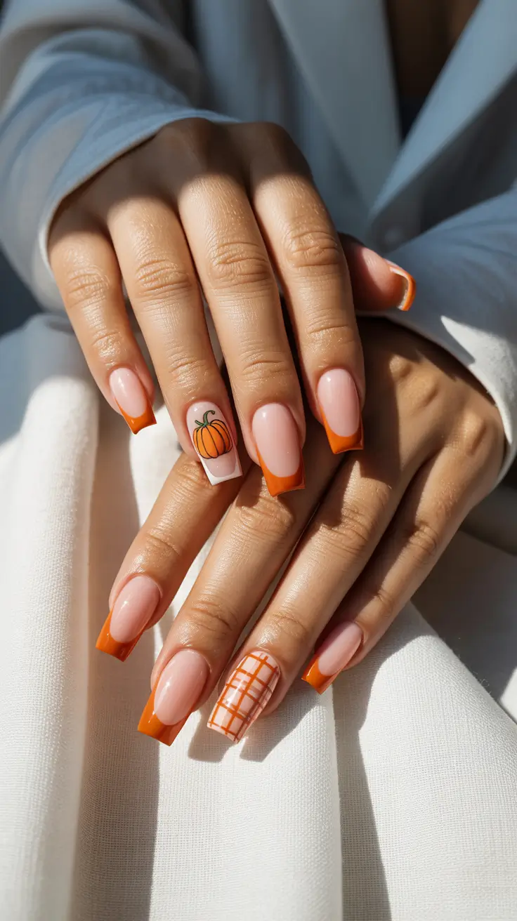 Fall Winter Nail Colors 2025-2026 Pumpkin Spice French with a Graphic Twist