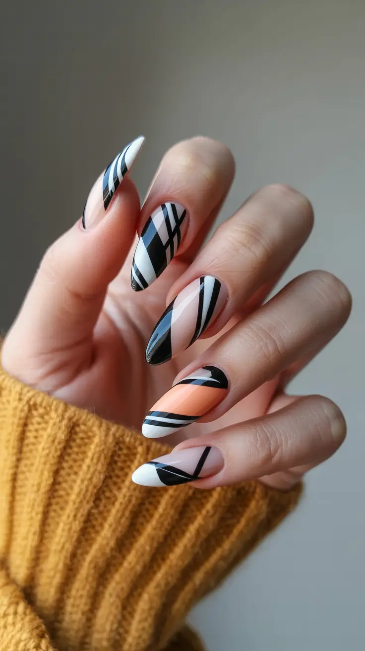 Modern Geometric Nails for Fall 2025 Linear Plaid Illusion