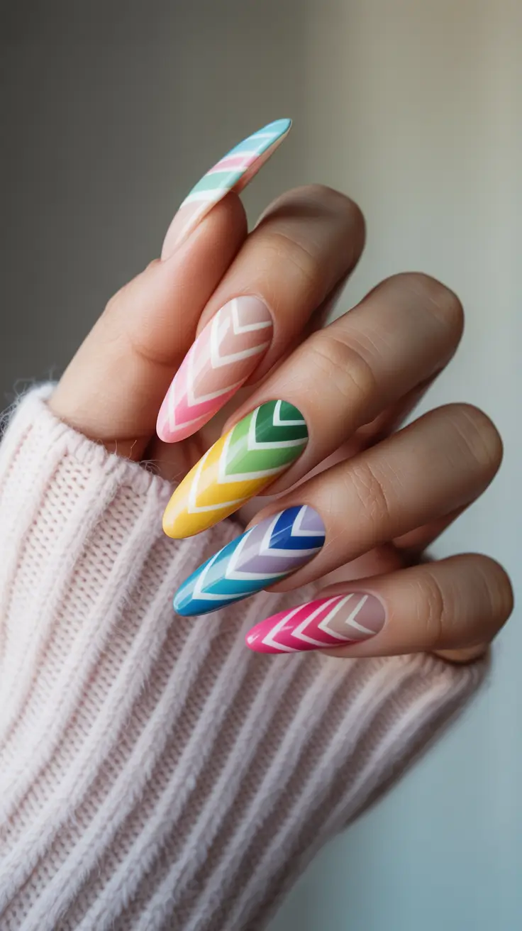 Modern Geometric Nails for Fall 2025 Rainbow Chevron Flow