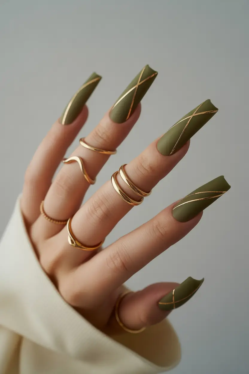 Olive Green Fall Nails Inspiration 2025 Matte Olive Geometry