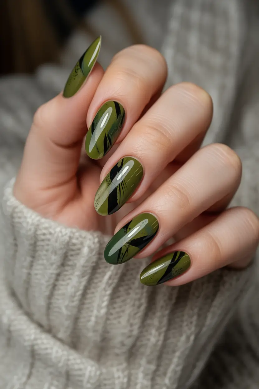 Olive Green Fall Nails Inspiration 2025 Olive With Dark Abstracts