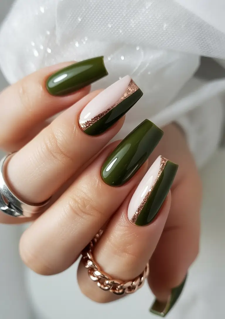 Olive Green Fall Nails Inspiration 2025 Olive With Rose Gold Glam