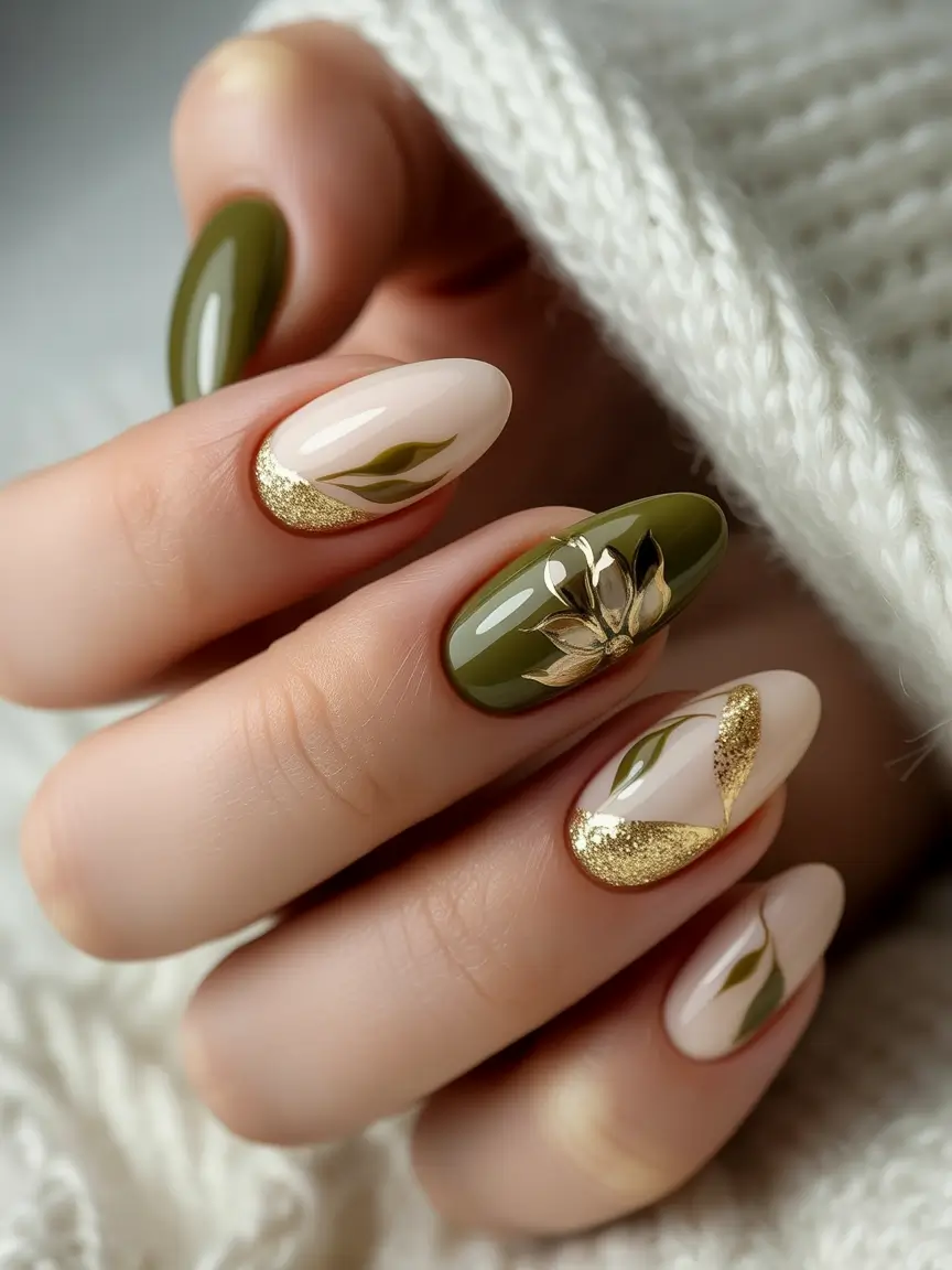 Olive Green Fall Nails Inspiration 2025 Olive Almond With Botanical Gold Highlights