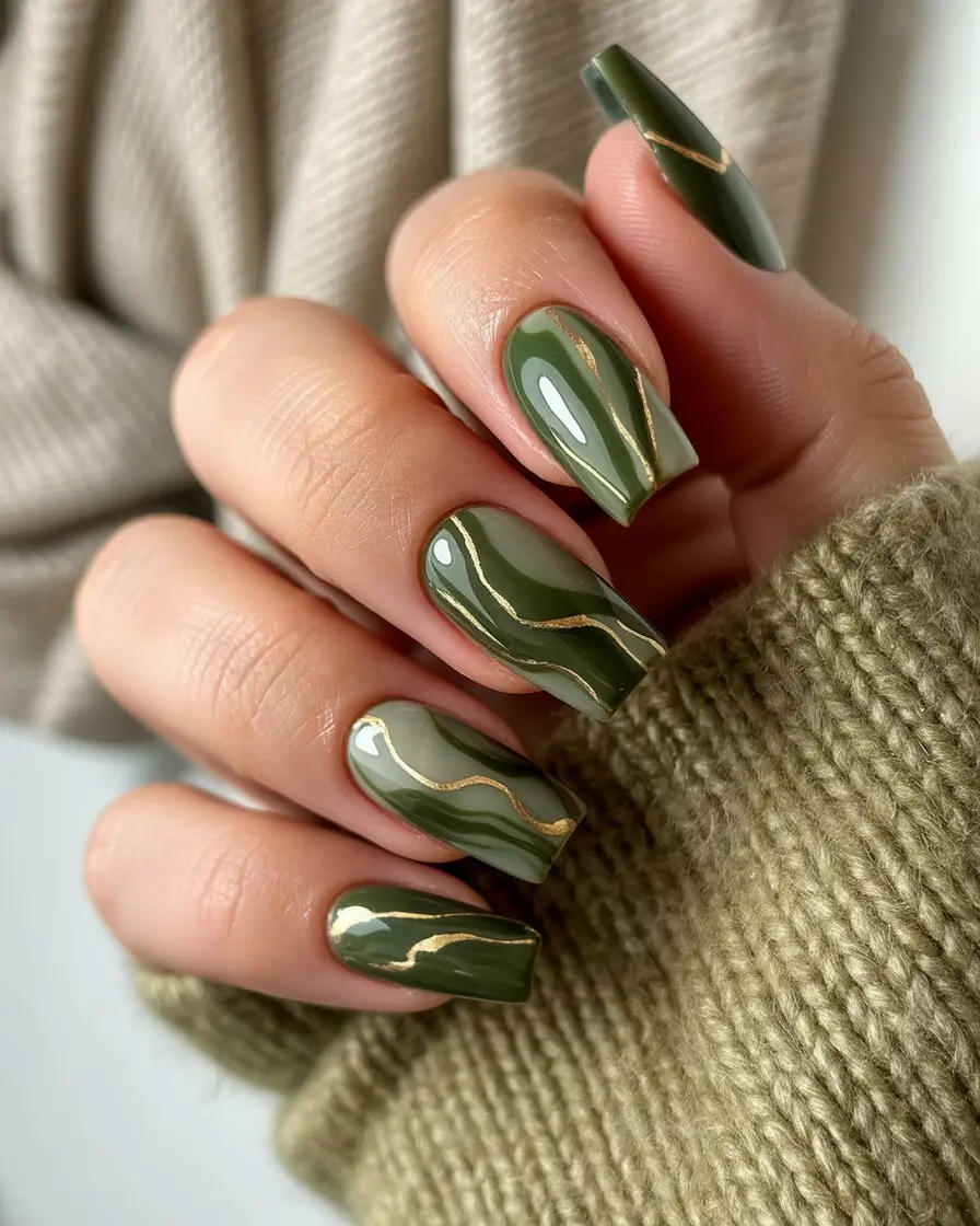 Olive Green Fall Nails Inspiration 2025 Glossy Olive Square With Gold Veining