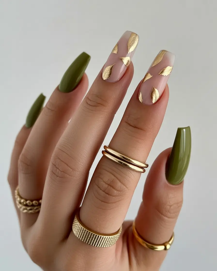 Golden Leaf on Olive Coffin Tips Olive Green Fall Nails Inspiration 2025