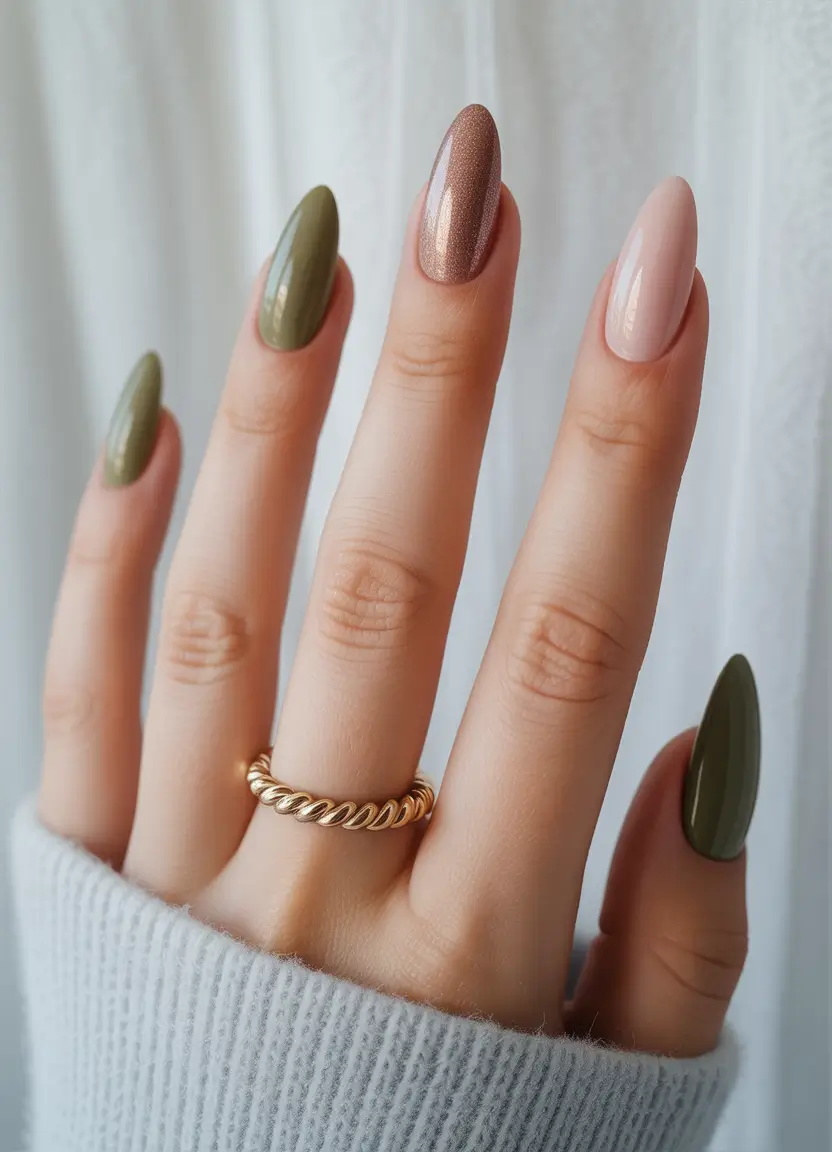 Olive Green Fall Nails Inspiration 2025 Minimalist Olive and Nude Mix