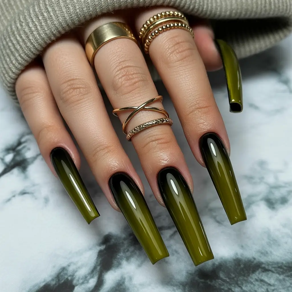 Olive Green Fall Nails Inspiration 2025 Olive Coffin Ombre With Black Gradient