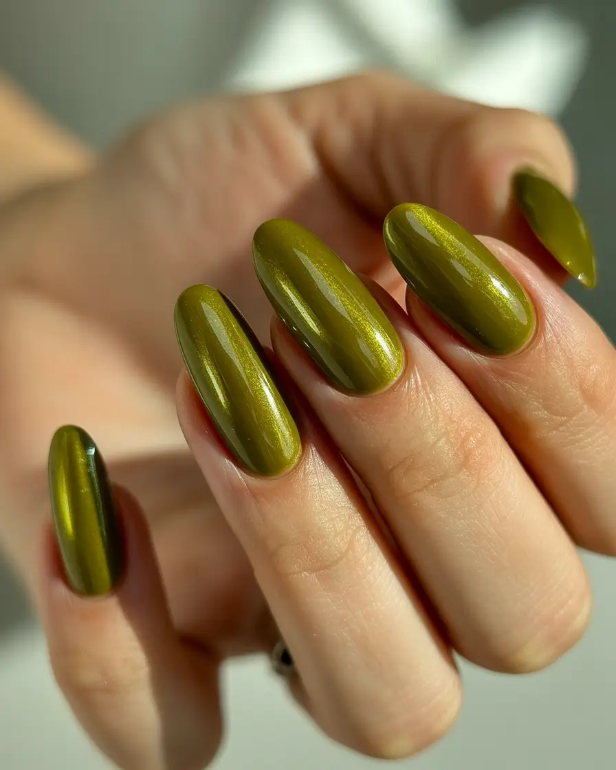 Olive Green Fall Nails Inspiration 2025 Shimmer Olive Almond Glow