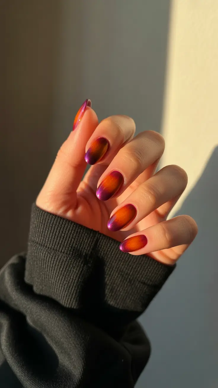 Ombré Fall Nail Designs 2025 Aurora Shimmer Fade with Sunset Tones