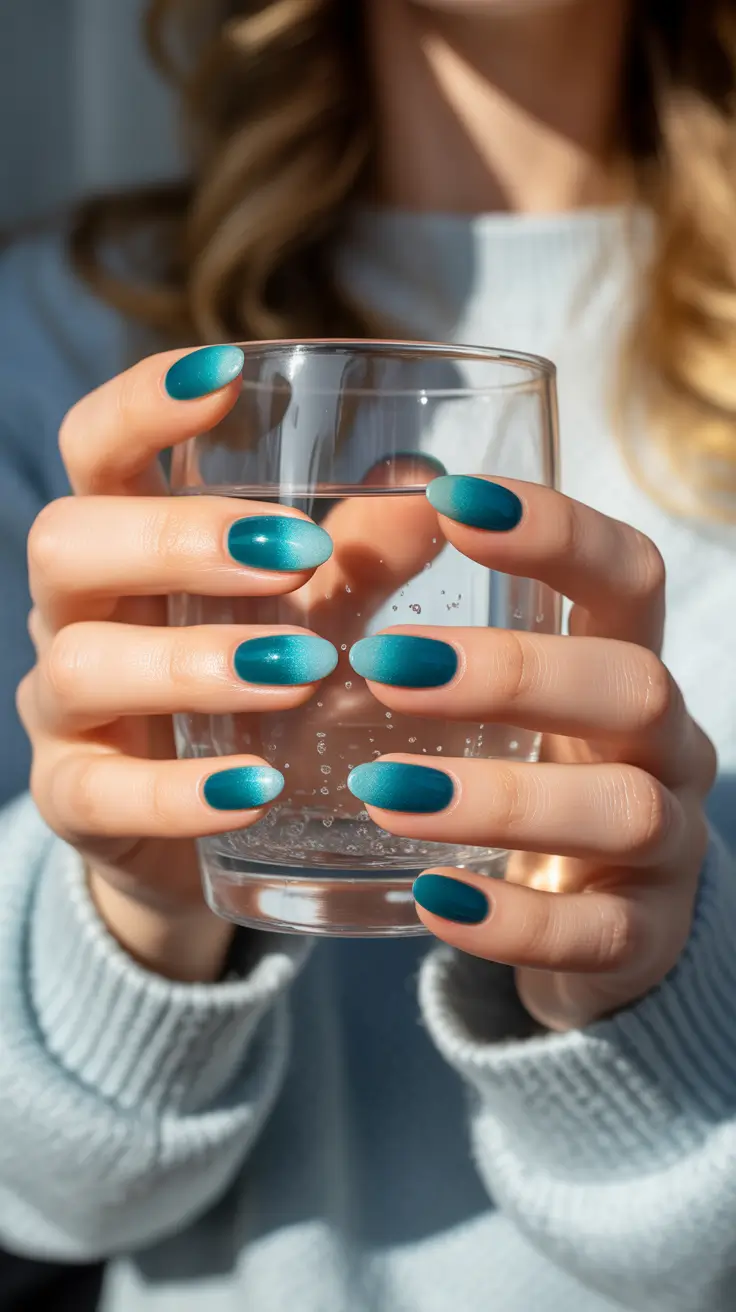 Ombré Fall Nail Designs 2025 Teal Smoke Ombré with Satin Finish