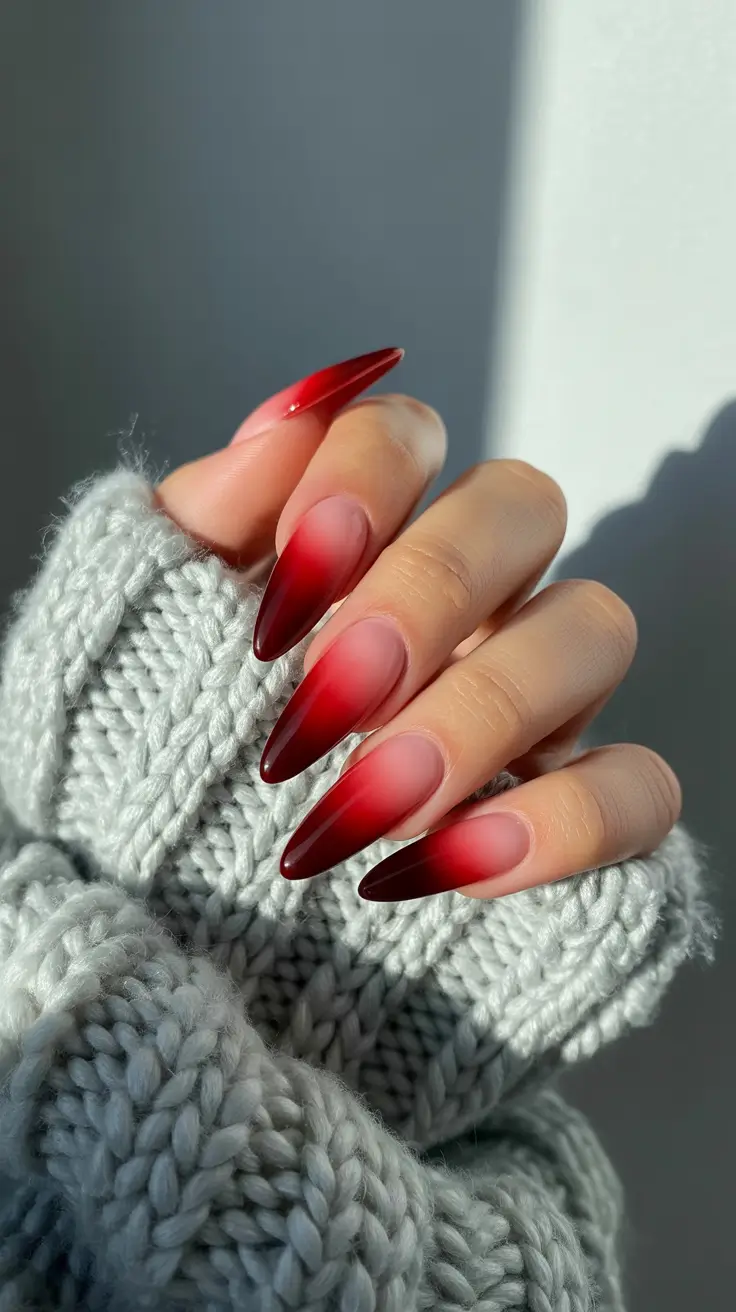 Ombré Fall Nail Designs 2025 Cherry Fade on Frosted Almond Tips