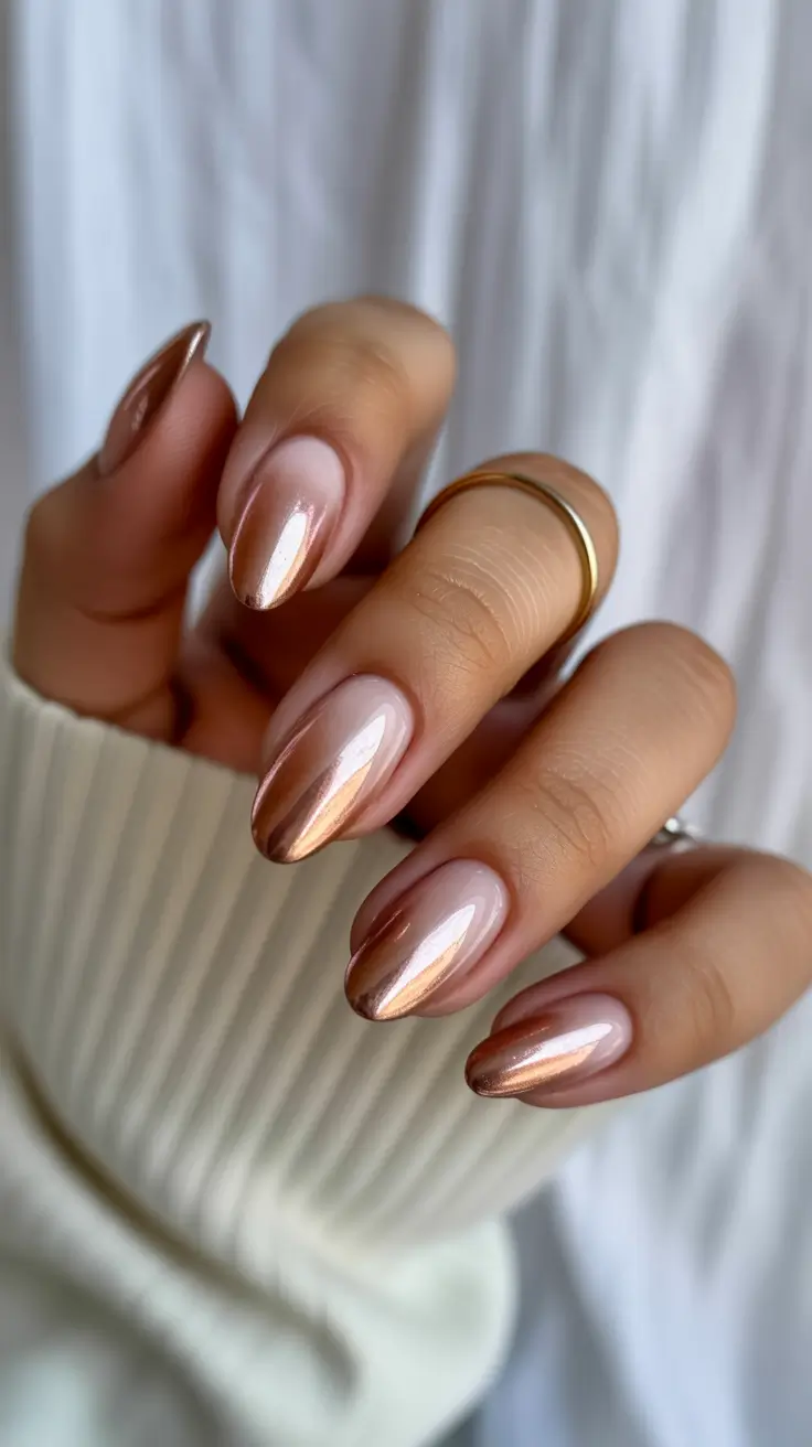 Ombré Fall Nail Designs 2025 Modern Copper Chrome with Barely-There Blush
