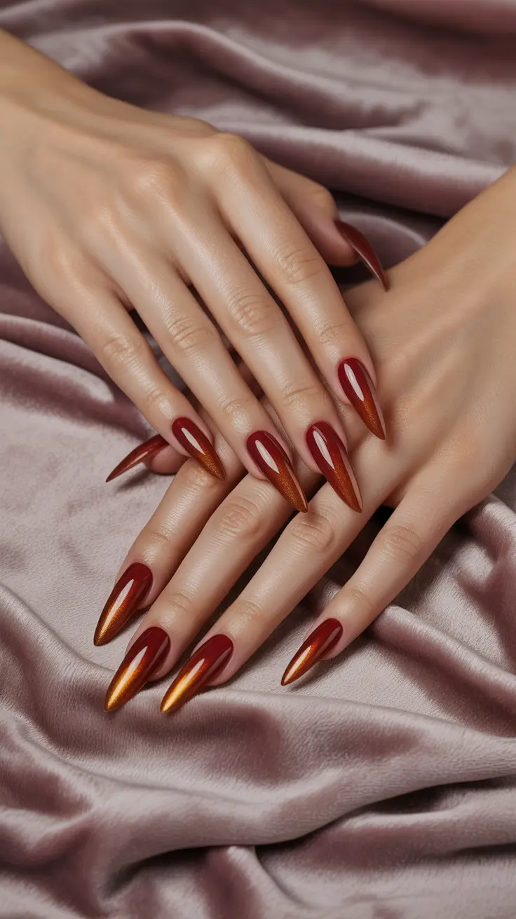 Ombré Fall Nail Designs 2025 Spicy Cinnamon Chrome with a Dramatic Edge