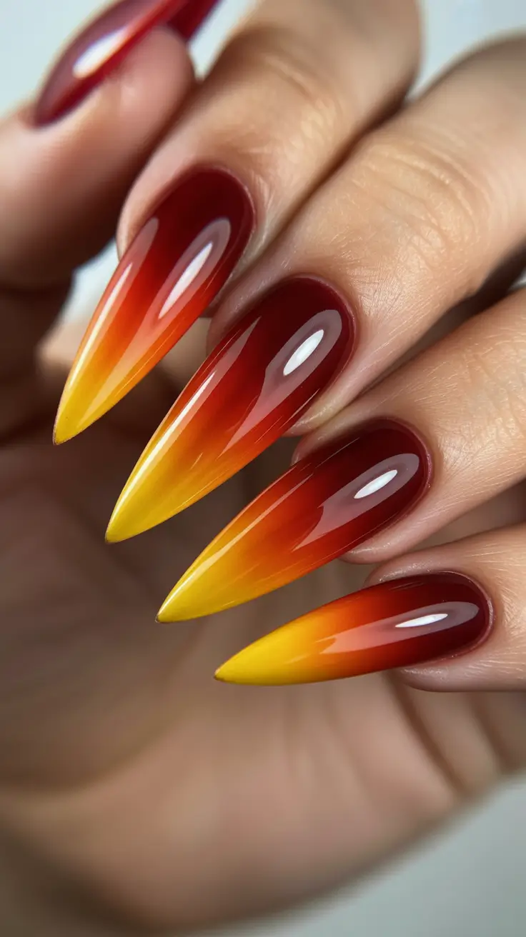 Ombré Fall Nail Designs 2025 Maple Flame Stilettos in Red-Yellow Ombré