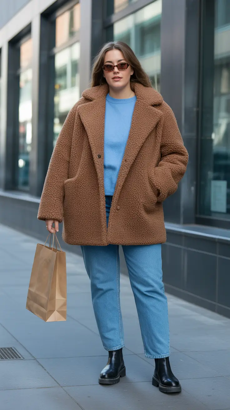 plus size winter outfits 2025-2026 Everyday Denim and Teddy Contrast
