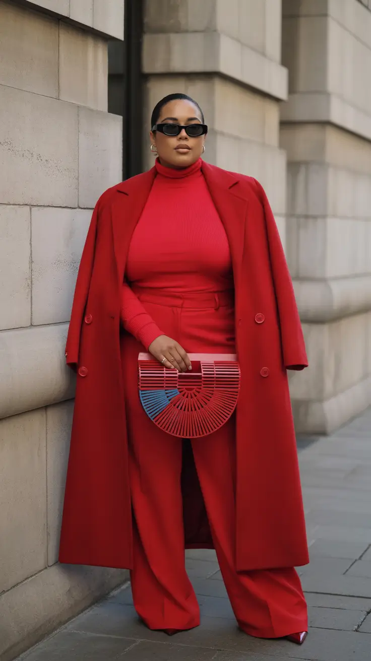 plus size winter outfits 2025-2026 Fiery Red Monochrome Power