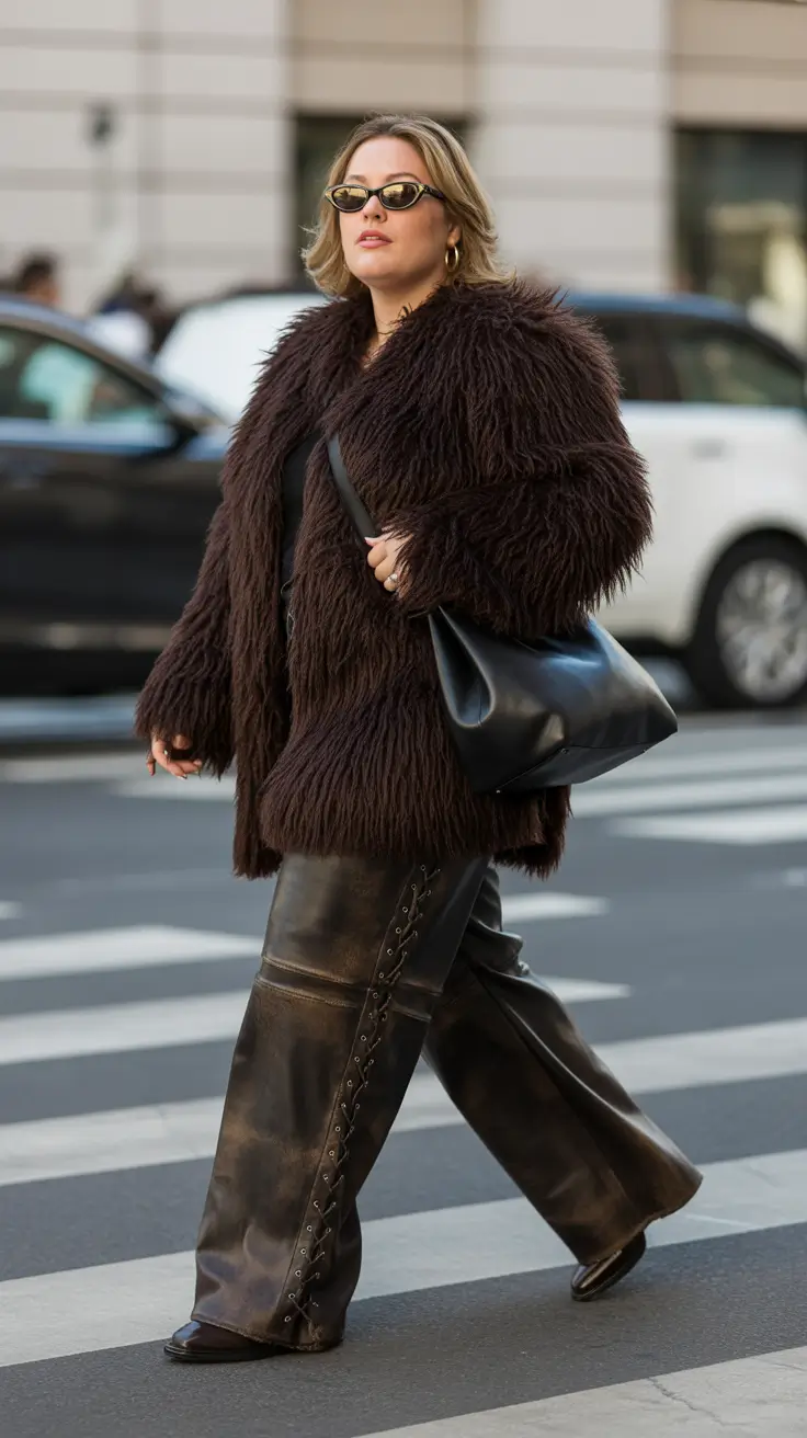 plus size winter outfits 2025-2026 Textured Black Leather and Faux Fur