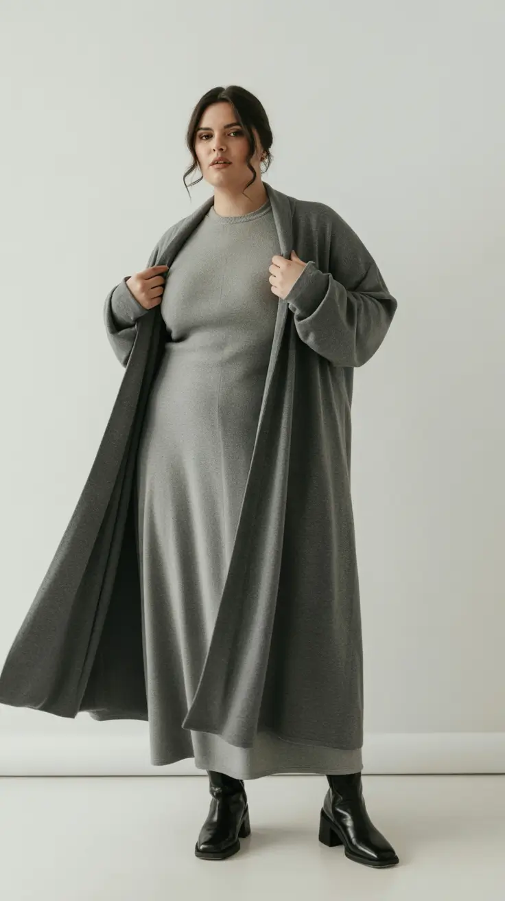 plus size winter outfits 2025-2026 Grey Layers with a Minimal Edge