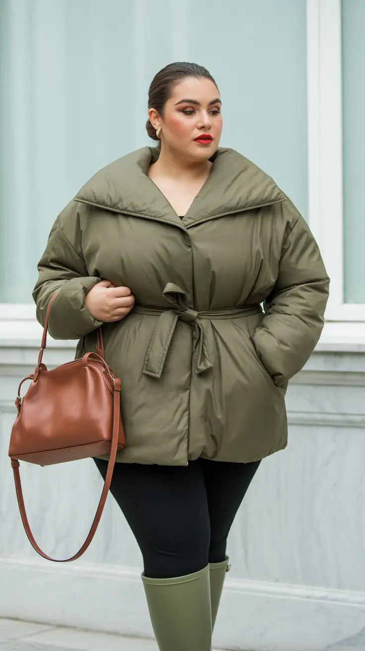 plus size winter outfits 2025-2026 Olive Puffer with Everyday Elegance