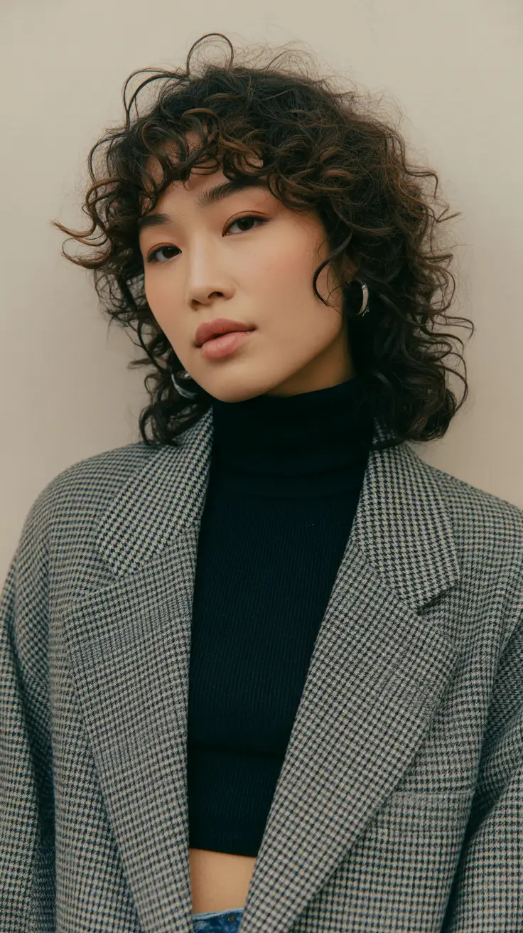 short winter haircuts 2025-2026 Curly Shag with Bangs