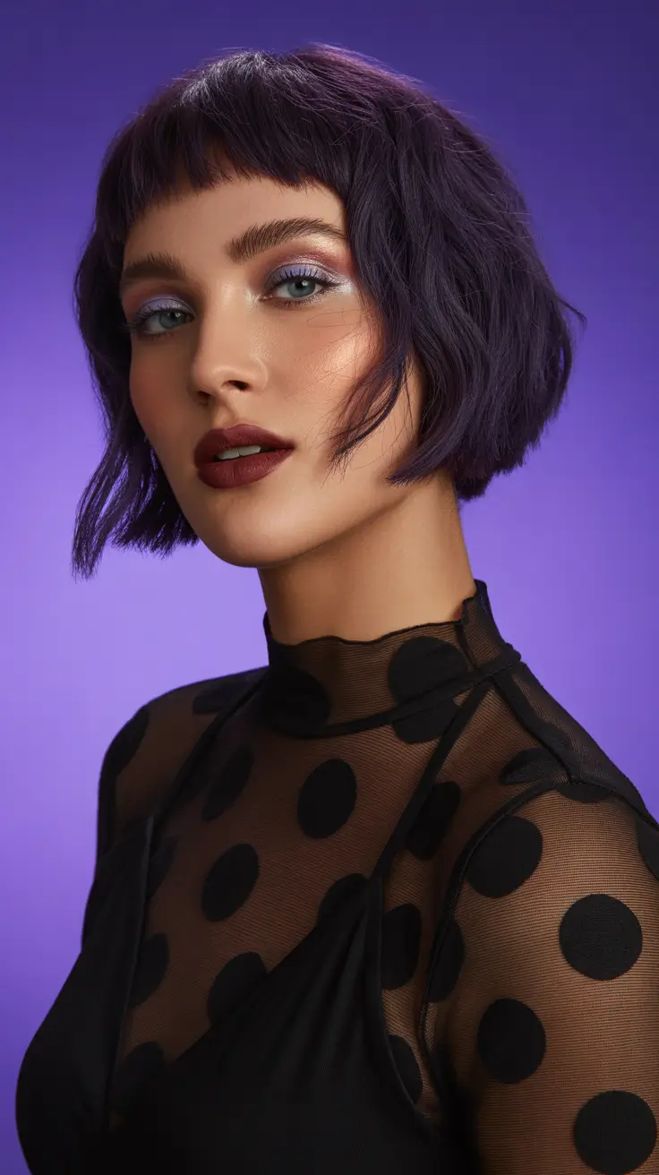 short winter haircuts 2025-2026 Violet Textured Bob with Micro Bangs