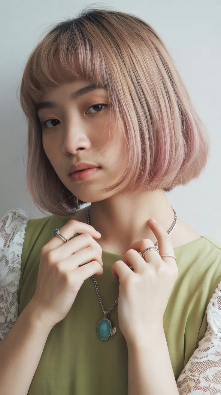short winter haircuts 2025-2026 Rose-Tinted Bob with Bangs