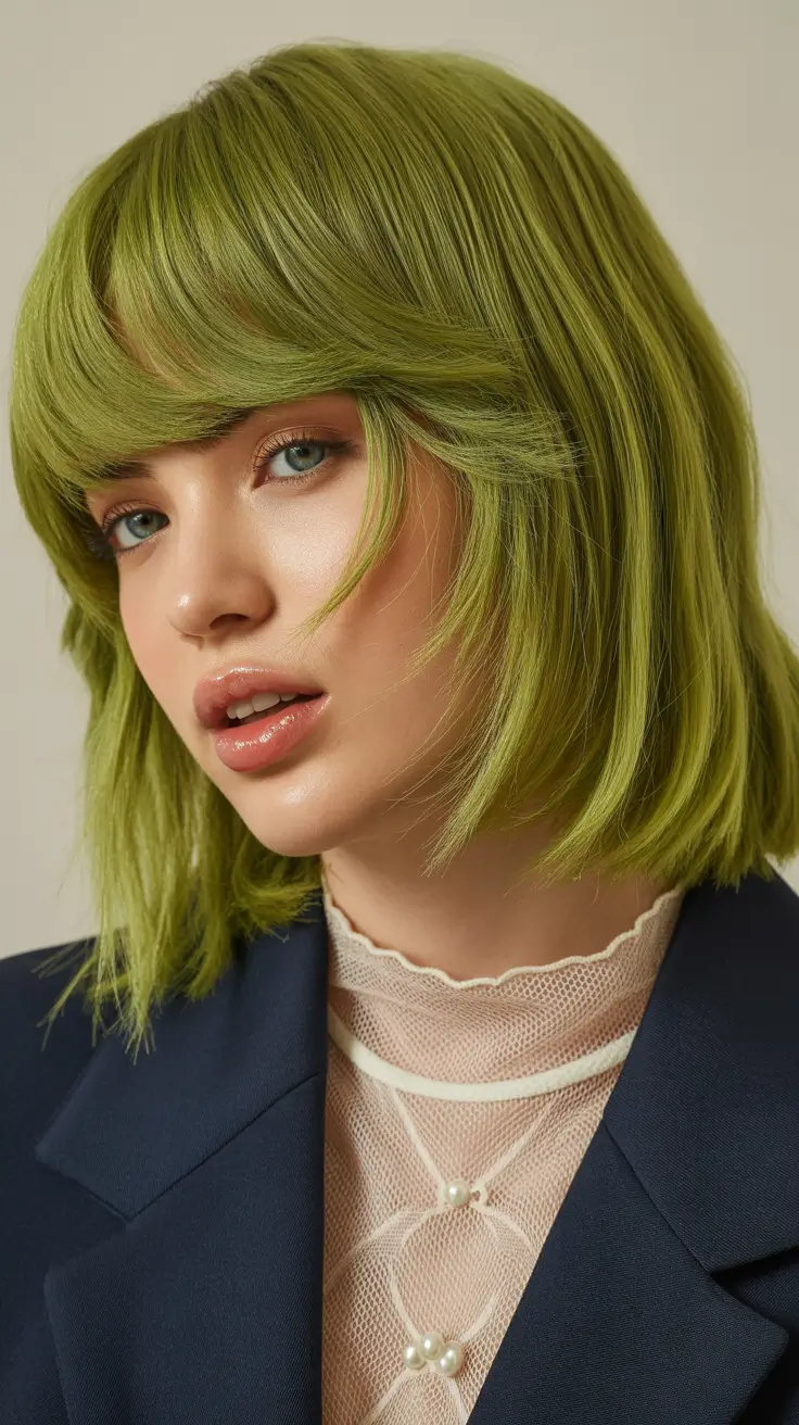 short winter haircuts 2025-2026 Lime Green Layered Bob