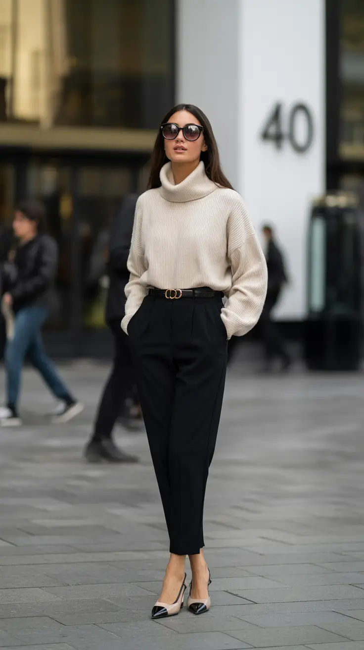winter office outfits 2025-2026 Soft Power in Knit and Tapered Pants