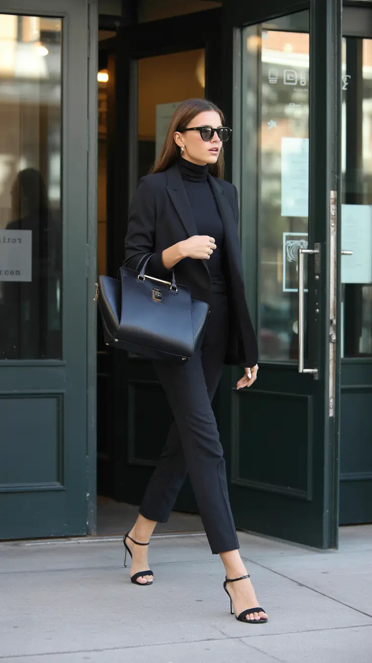 winter office outfits 2025-2026 All-Black Authority with a Sleek Finish