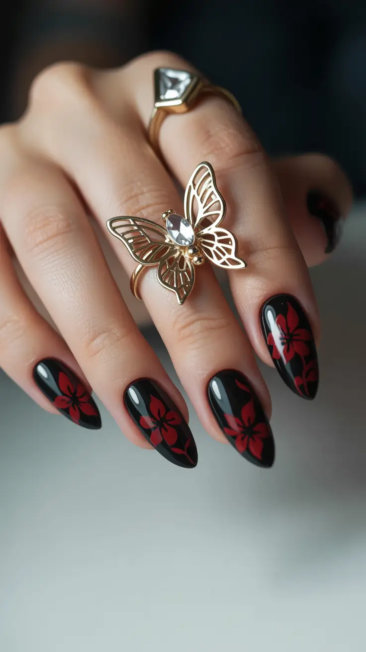 fall-winter-nails-2025-2026-Moody-Florals-on-Glossy-Noir