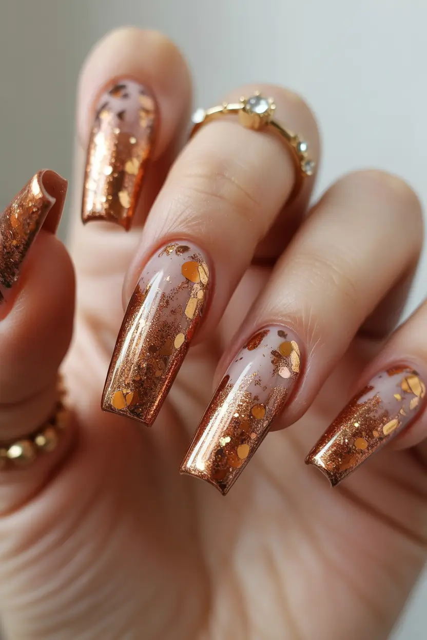 Fall glitter nails 2025 Copper Sparkle Elegance